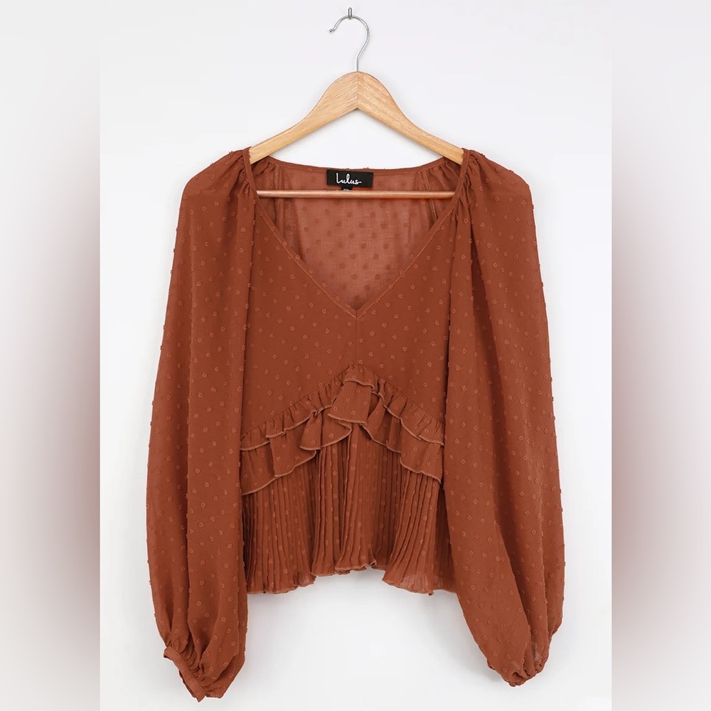 Lulu’s Thrills and Frills Rust Orange Swiss Dot Ruffled Long Sleeve Top